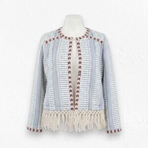 Tularosa Blue White Woven Embroidered Boho Fringe Jacket Open Blazer Size Medium